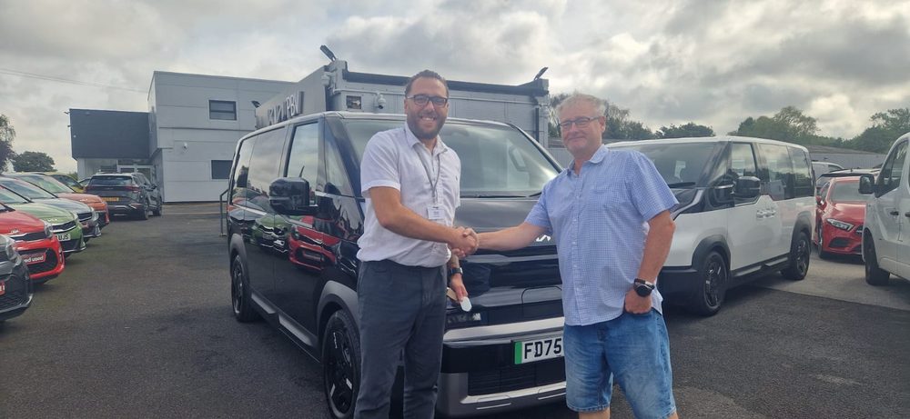 Richard collecting Evie, RB Window Cleaning's new Kia PV5 electric van
